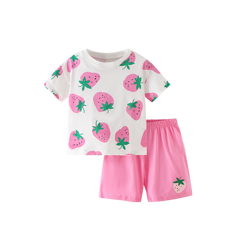 Summer Baby Kids Strawberry Fruits Pattern T-shirt and Shorts Clothing Set for Girls