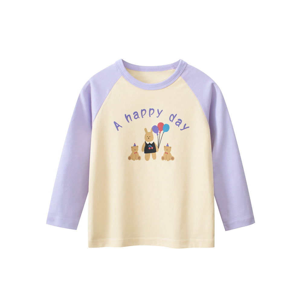 Autumn Arrival Kids Girls Animals Cartoon and Letters Print Crew Neck Long Sleeves Shirt