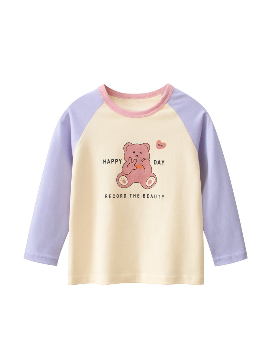 Autumn Arrival Kids Girls Animals Cartoon and Letters Print Crew Neck Long Sleeves Shirt
