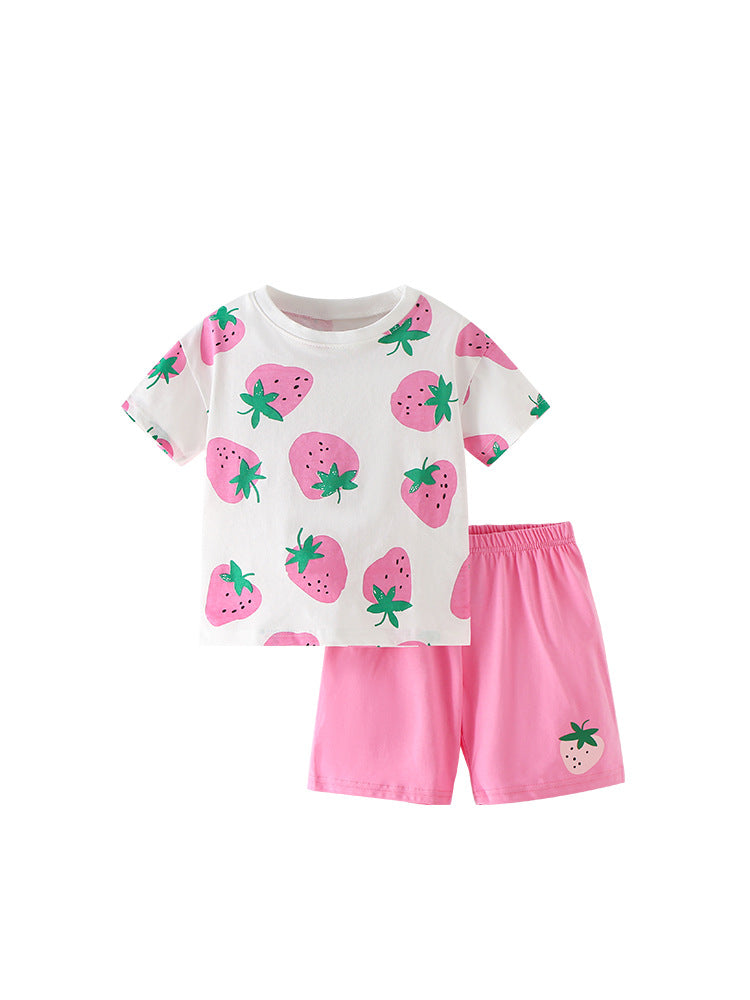 Summer Baby Kids Strawberry Fruits Pattern T-shirt and Shorts Clothing Set for Girls