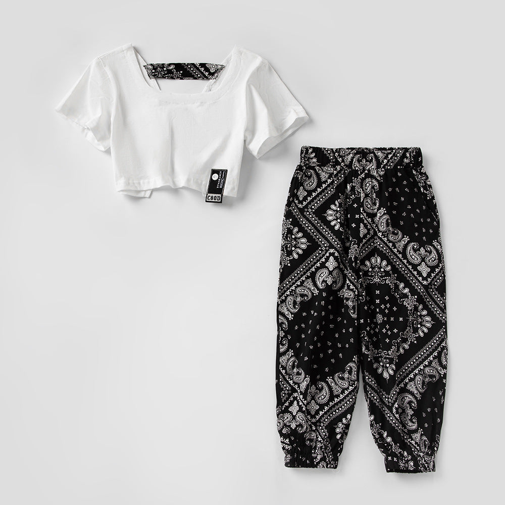 Girl Solid Color Backless Design Tops Combo Floral Pants Sets